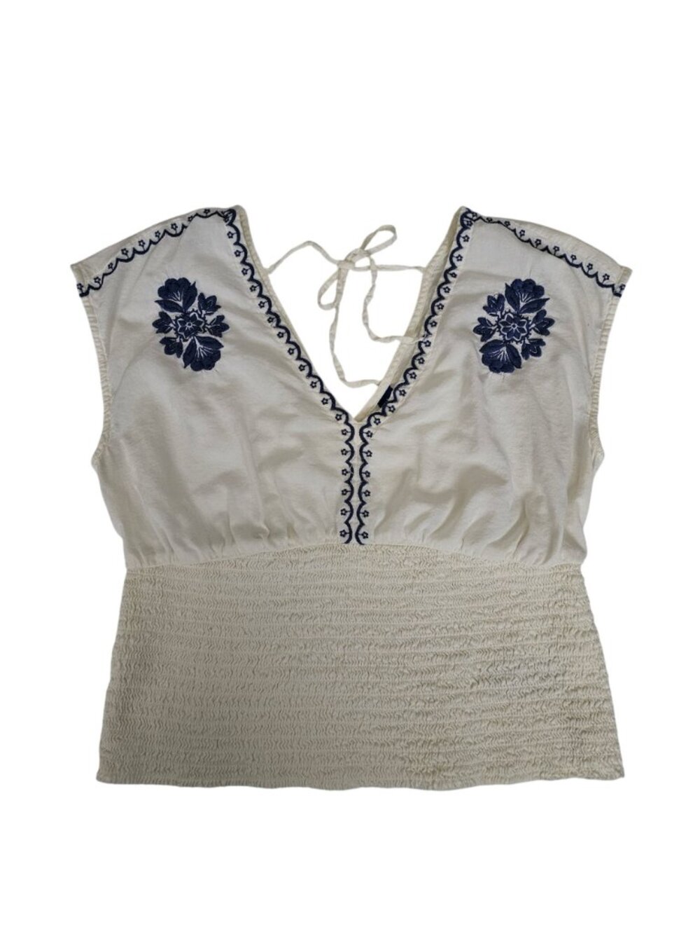 Old Navy White Embroidered Blue Floral Smocked Waist-Defined Top Women's Large - Picture 15 of 15